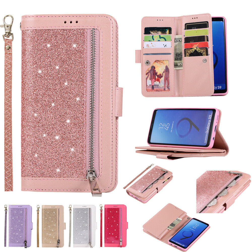 For Galaxy S10+ S10e S8+ Note 9/8 Zipper Leather Glitter Wallet Stand Case Cover