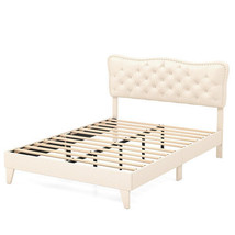 Full Size Bed Frame with Nail Headboard and Wooden Slats - Color: Beige ... - £169.53 GBP