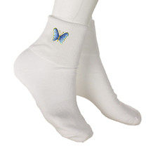 Blue Butterfly Bobby Socks -w Embroidered Appliques - Womens Novelty Socks 9-11 - £9.55 GBP