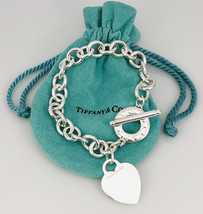 Large Tiffany &amp; Co Sterling Silver Blank Heart Tag Toggle Charm Bracelet - £305.63 GBP