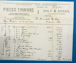 DALE &amp; SYKES  Pieced Tinware (PA) vintage September 9 1892 invoice on le... - $12.86