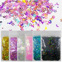 6 Colors Star Moon Chunky Glitter Flakes Resin Epoxy Accessories Holographic Bla - £12.67 GBP