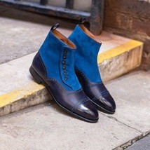 Blue Suede Black Genuine Leather Rounded Derby Cap Toe Ankle High Button Boots - £125.33 GBP