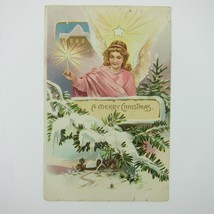 Christmas Postcard Angel Candle Snowy Tree Tuck Series 102 Embossed Antique - £15.68 GBP