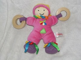 Sassy Earth Brights Cuddle Soft Doll Baby Wood Ring Teether Toy Pink - $24.74