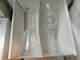PAIR OF DRESDEN CRYSTAL RED WINE GLASSES FLORAL SIGNED SLOVANIA 8.5&quot; #2049  - $14.80