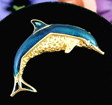 DOLPHIN or PORPOISE Vintage PIN Blue Enamel Brooch Fish Mammal  Goldtone... - $16.99