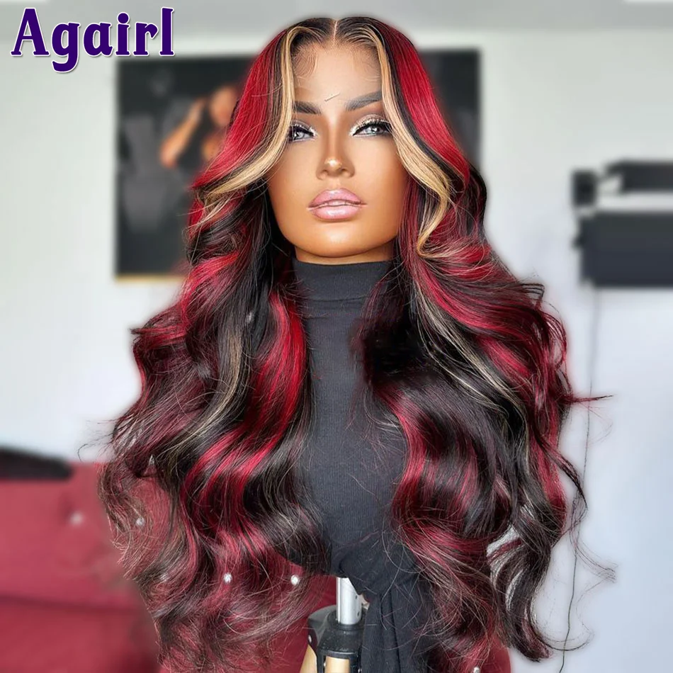 Red Blonde Highlight 13X6 Wavy Lace Frontal Wig Glueless 13x4 Body Wave Hum - £83.21 GBP+