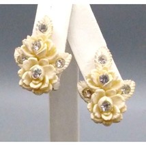 Vintage Carved Celluloid Roses Earrings with Crystal Embellishment, White Weddin - £28.61 GBP