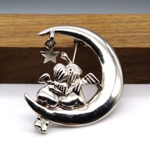 Reach for the Stars Brooch, Celestial Vintage Silver Tone Cherubs on a Crescent - £19.65 GBP