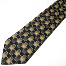 Honeycomb Hexagons Silk Tie Towne Square Navy Blue w/ Green &amp; Brown 57.5... - £14.91 GBP