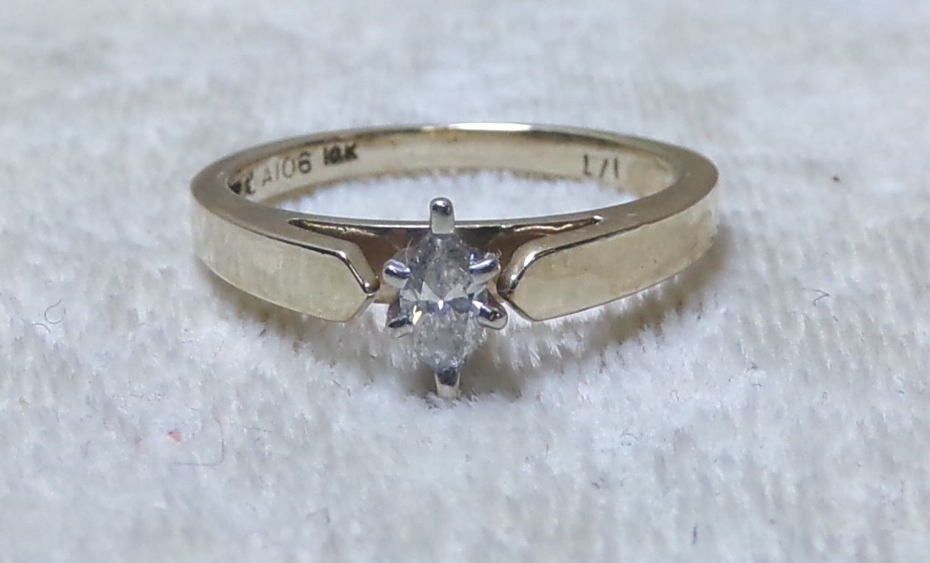 Primary image for 10K Yellow Gold .15ct Marquise Diamond Solitaire Sz 5.25 Engagement Ring A106