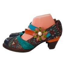 Socofy Leather Shoes Sz 10.5 Mary Jane Heels Retro Bohemian Floral Colorful Boho - £38.90 GBP
