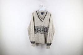 Vtg 90s Lands End Womens L Distressed Wool Blend Fair Isle V-Neck Sweater USA - £47.44 GBP