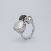 Silver Rings With Pearls On Fingers With Stone Geometric Circular Zircon Black M - £40.85 GBP