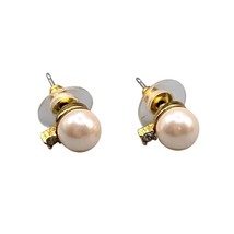 Pierced Imitation Pearl Earrings Clear Rhinestones Studs Gold Tone Setting - £6.69 GBP