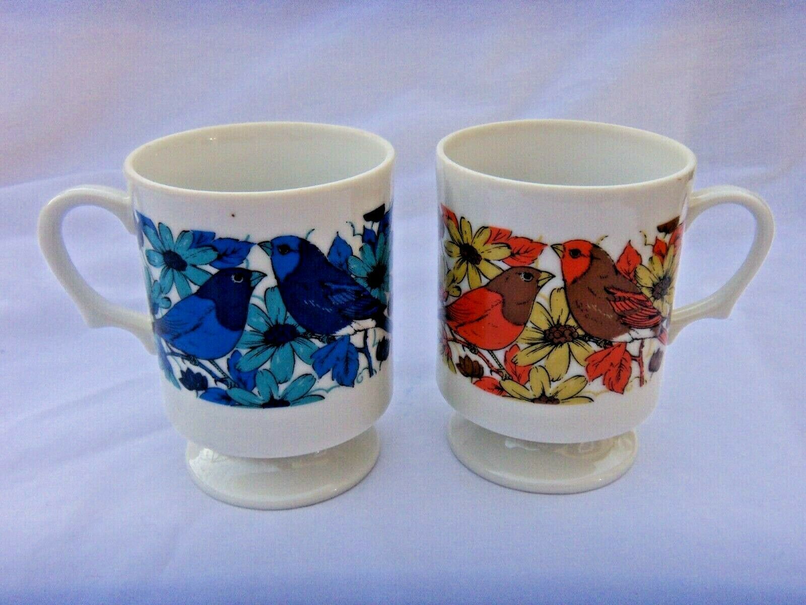 Primary image for RETRO 2 COFFEE MUGS CUPS  BIRDS & FLOWERS  MADE IN JAPAN