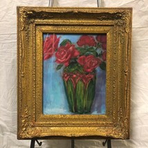 Framed Red Flower Vase Oil on Canvas Painting by Ann Petrus Baker - £59.35 GBP