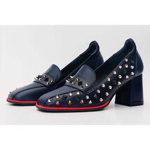 The Infanta Navy Blue Spike Leather Block Heel Pump Women Shoe image 2