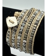 Nakamol Beige Leather Wrap Bracelet Crystal Glass &amp; Metallic Beads 33–35” - $18.99