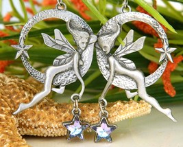 Vintage Winged Fairy Faerie Earrings Dangling Hoops Star Silver Pewter - £19.94 GBP