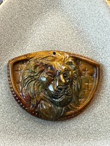 Exquisitely Carved Brown Mustard Black Stone Fierce Lion Half Circle Pendant or - £29.90 GBP