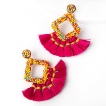 Plunder Earrings (New) Sam - MULTI-COLORED Beads &amp; Hot Pink Tassels 3&quot;DP (PE765) - £16.50 GBP