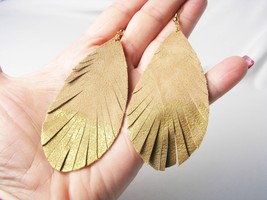 Genuine Suede Leather, Feather Pattern, Beige Leather, Dangle Earrings, leather, - £11.19 GBP