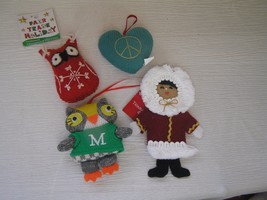 Lot of 4 Fair Trade Red Wool Felt Owl Knit Blue Peace Heart ESKIMO Christmas T - £11.18 GBP
