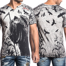 Affliction Corn Reaper Skeleton Grim Reaper Crows Mens V-Neck T-Shirt Bl... - $59.99