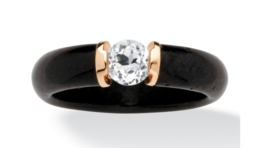 Black Jade Round White Topaz Stackable 10K Yellow Gold Ring 5 6 7 8 9 10 - £241.27 GBP