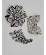 3 Sparkly Pins Brooches Silver-Tone Clear Glass Rhinestones - £19.97 GBP