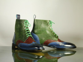 Handmade Men Multi Color Wing Tip Brogue Leather Ankle Boots, Men Designer Boots - £126.40 GBP
