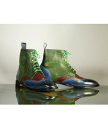 Handmade Men Multi Color Wing Tip Brogue Leather Ankle Boots, Men Design... - £127.42 GBP
