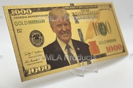 President Donald Trump 1000 Dollar Gold Plate Bill with Sleeve and Displ... - $9.89