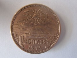 1944 Mexico 20 Centavos Brass Sun Pyramid Eagle On Back Coin - $3.86