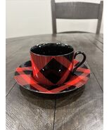Fitz &amp; Floyd Black and Red Plaid Buffalo Check Cup &amp; Saucer Porcelain - $505.76 MXN