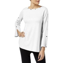 Alfani Womens Embellished Jewel Neck White Pullover Knit Sweater Top Size S M L - £15.69 GBP