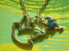 charm necklace with vintage blue rhinestone heart &amp; bird silver tone 16&quot; chain  - £7.21 GBP