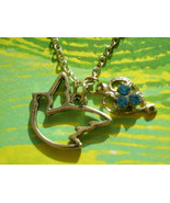 charm necklace with vintage blue rhinestone heart &amp; bird silver tone 16&quot;... - £7.04 GBP