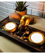 Ebros Baby Buddha Monk Twin Tea Light Votive Candle Holder Zen Garden Rocks - $28.79 CAD