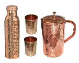 Copper Water Drinking Bottle Hammered Pitcher Jug Tumbler Glass 1500ML Set Of 4 - £45.54 GBP