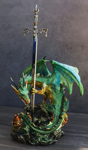 Sparkly Green Knight Dragon Holding Tiki Bat Sword Letter Opener Figurine - $29.99
