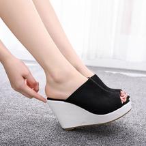  Black White Summer Shoes Woman Bohemia  High Heel Slip On Peep Toe Platform Wed - £36.78 GBP