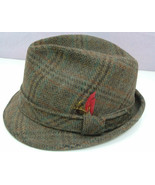 Vintage Park Hall  tweed brown  plaid fedora hat with band and feather  - $27.72