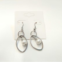 Vintage Faux Pearl Double Circle Dangle Drop Earrings Silver Plated Hook - £7.80 GBP