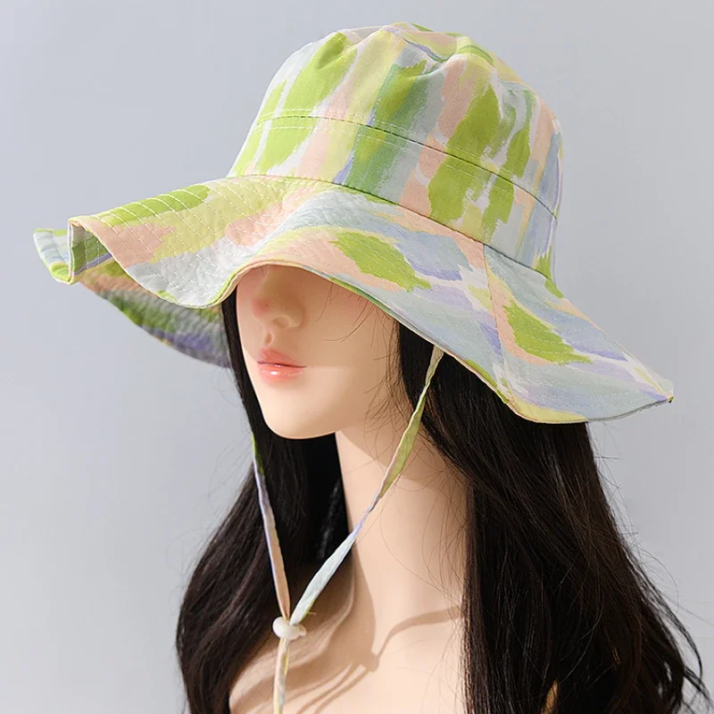 New Oil Painting Printing Drawstring Bucket Hats Summer Travel Versatile UV - $20.68