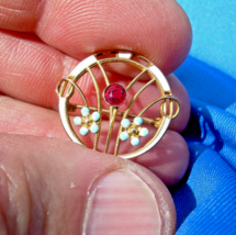 Elegant Vintage Ruby Brooch Solid 10k Gold Guiloche Enamel Deco Geometri... - $376.20