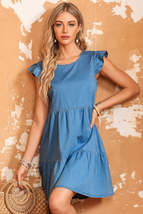 Sky Blue Crew Neck Flutter Tiered A-line Chambray Dress - £22.13 GBP+