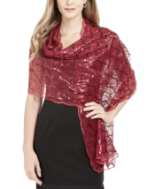 CEJON Red Wine Scalloped Sequin Sheer Mesh Evening Wrap Cover Up Shawl - £15.05 GBP